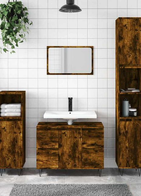 Badkamerkast 80x33x60 cm bewerkt hout gerookt eikenkleurig