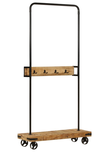 Kledingrek met wieltjes 90x35x190 cm massief mangohout en ijzer