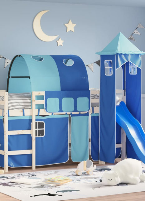 Gordijnen voor hoogslaper met tunnel en toren blauw