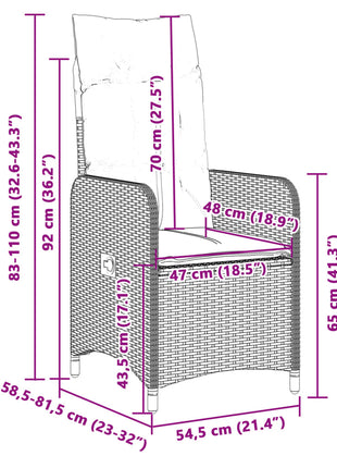 Tuinstoelen 2 st verstelbaar met kussens poly rattan grijs