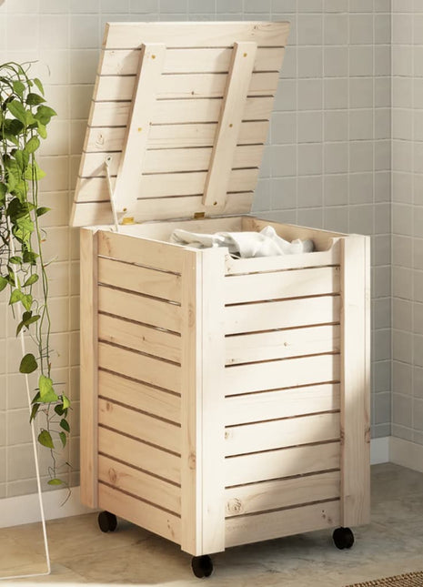 Wasmand met wielen RANA 45x45x64 cm massief grenenhout
