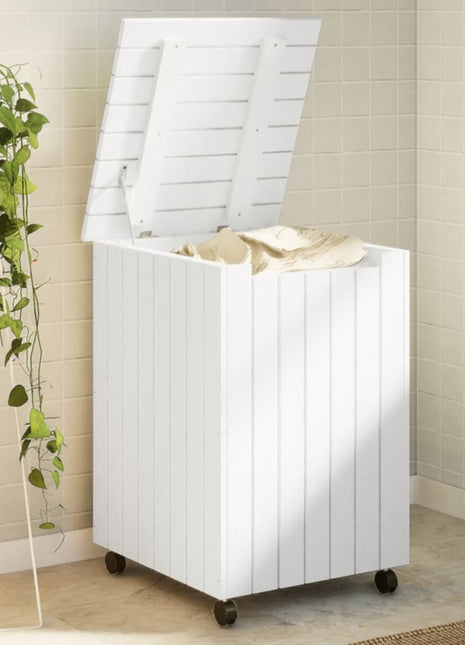 Wasmand met wielen RANA 45x45x64 cm massief grenenhout wit