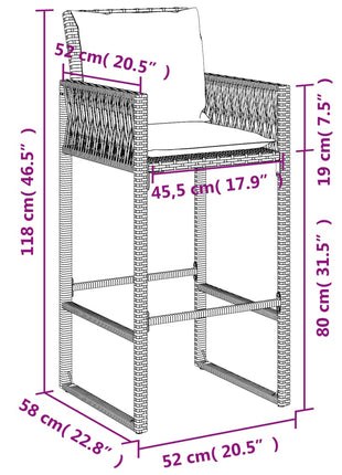 Tuinbarkrukken met kussens 2 st poly rattan grijs