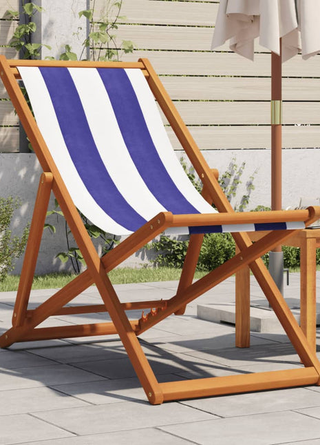 Strandstoel inklapbaar eucalyptushout en stof blauw en wit