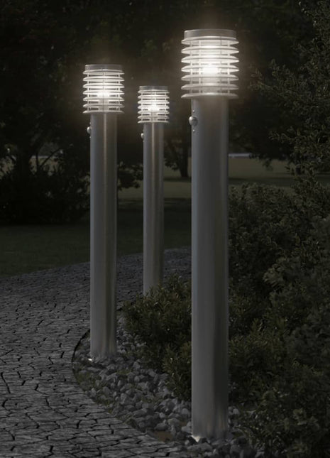 Buitenvloerlampen 3 st met sensors 110 cm roestvrijstaal zilver