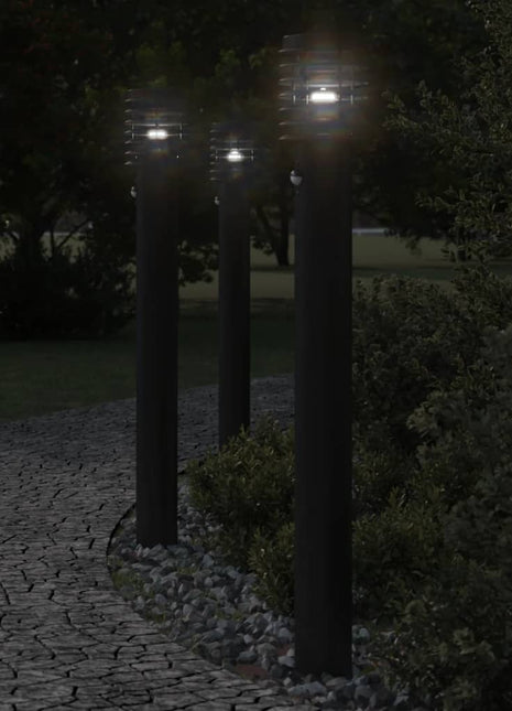 Buitenvloerlampen 3 st met sensors 110 cm roestvrijstaal zwart