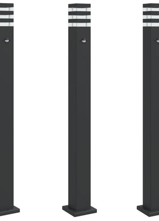 Vloerlampen voor buiten 3 st met sensor 110 cm aluminium zwart