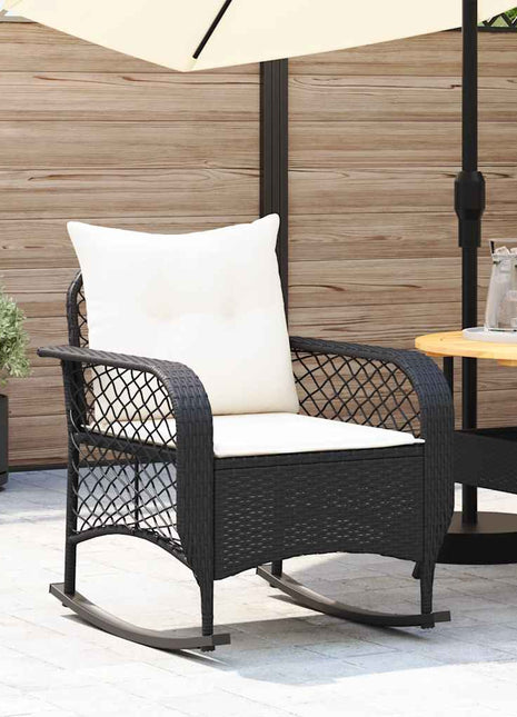 Tuinschommelstoel met kussens poly rattan zwart