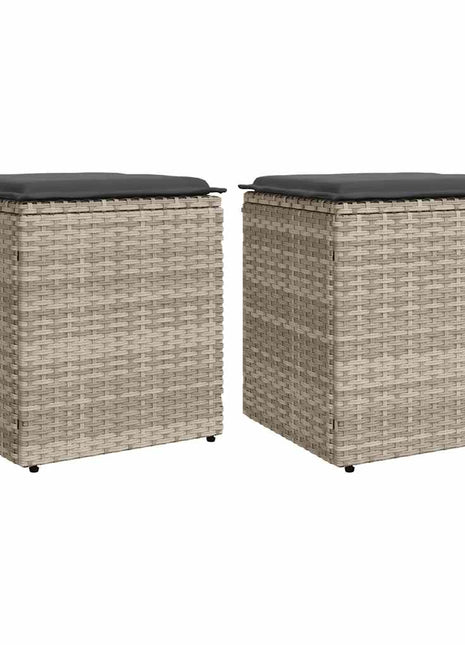 Tuinkrukken met kussens 2 st 40x40x43 cm poly rattan lichtgrijs