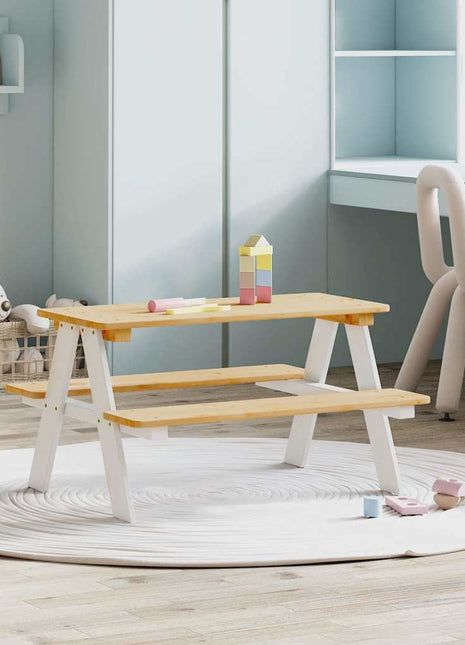 Kindertafel met banken IRUN 90x79,5x50cm massief hout wit