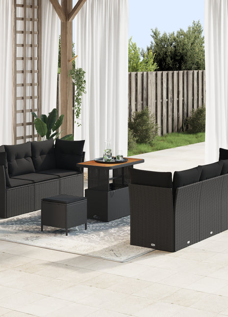 10-delig Tuinbankstel met Kussens Zwart Poly Rattan Acacia, vidaXL 3-delig Tuin Eet Set met Kussens Zwart Poly Rattan Acacia