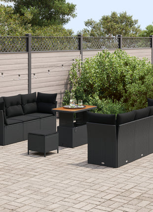 10-delig Tuinbankstel met Kussens Zwart Poly Rattan Acacia, vidaXL 3-delig Tuin Eet Set met Kussens Zwart Poly Rattan Acacia