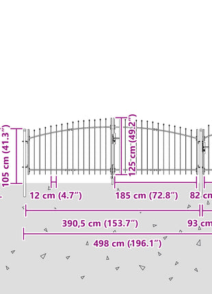 Tuindeur met spitse top Grijs 125x500 cm Staal
